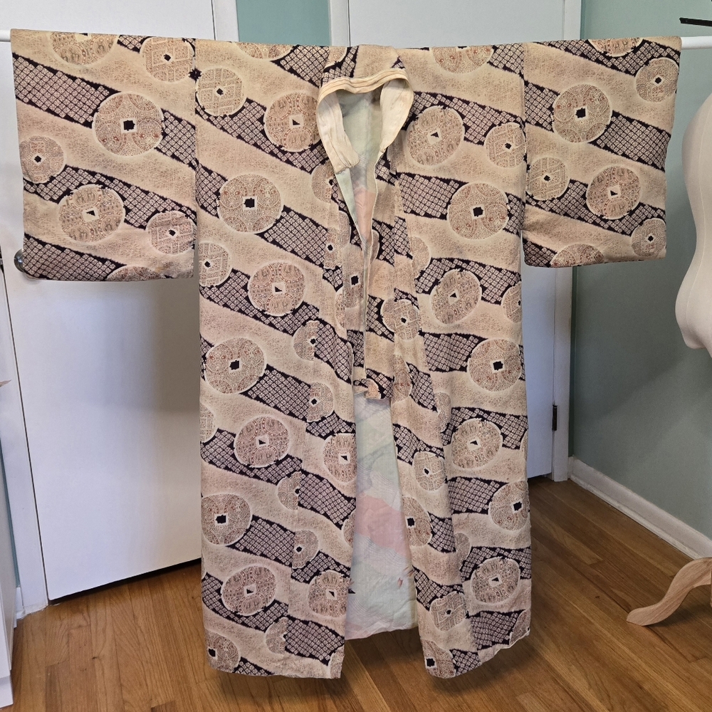 Vintage Kimono with Flying Fish On A Pink Sea And A Geometric Pattern
